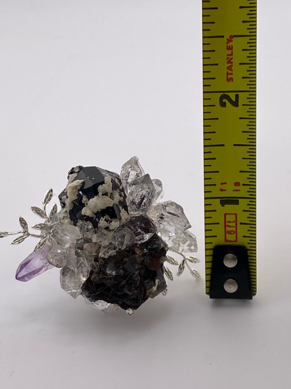 Dark Calcite & Herkimer Diamond Crystal Cluster ring with Amethyst Accent - Picture 8 of 8